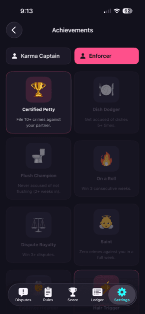 Achievement badges like Certified Petty and Dish Dodger