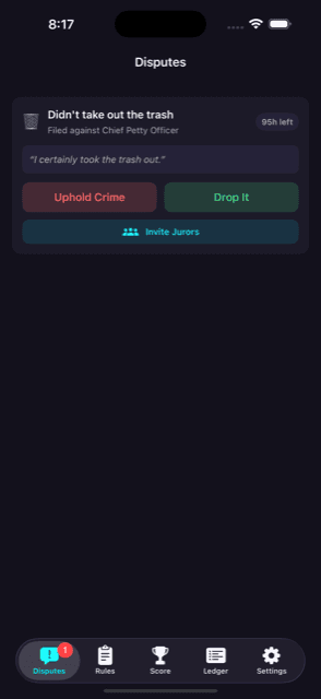 Dispute card with Uphold Crime and Drop It options and jury invite